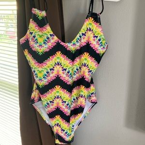 Neon rainbow one-piece bathing suit